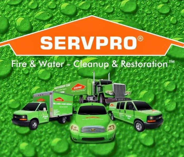 SERVPRO logo above SERVPRO cars and trucks on a green background with water drops